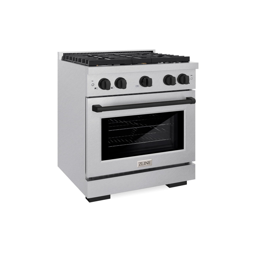 ZLINE Autograph Edition 30 in. 4.2 cu. ft. Paramount Dual Fuel Range with 4 Burner Gas Cooktop and Electric Convection Oven in Satin Stainless Steel with Matte Black Accents (SDRSZ-30-MB)