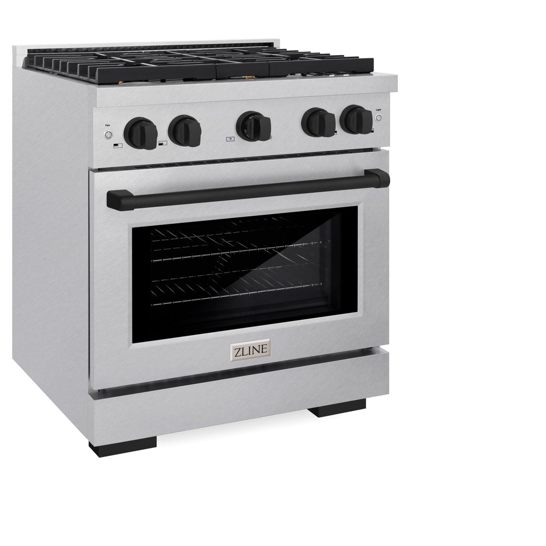ZLINE Autograph Edition 30 in. 4.2 cu. ft. Paramount Dual Fuel Range with 4 Burner Gas Cooktop and Electric Convection Oven in Satin Stainless Steel with Matte Black Accents (SDRSZ-30-MB)