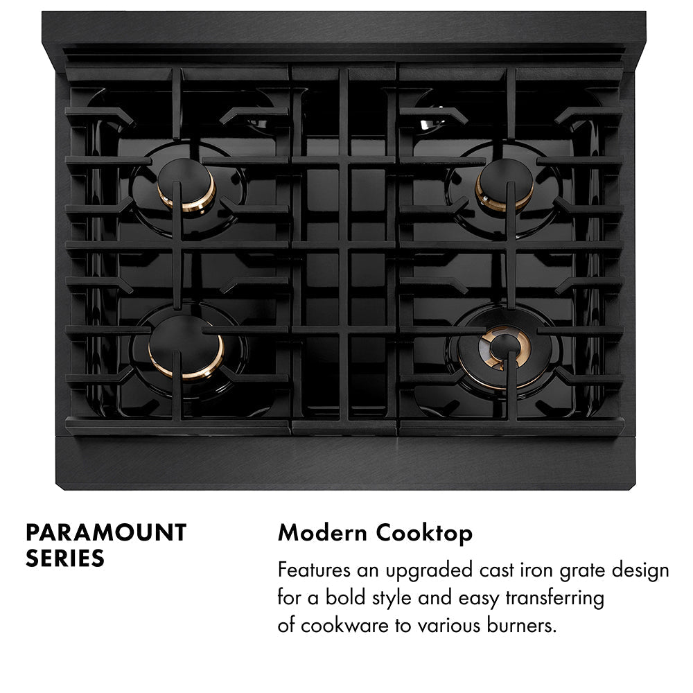 ZLINE Autograph Edition 30 in. 4.2 cu. ft. Paramount Gas Range with 4 Burner Cooktop and Convection Gas Oven in Black Satin Stainless Steel and Champagne Bronze Accents (SGRBSZ-30-CB)