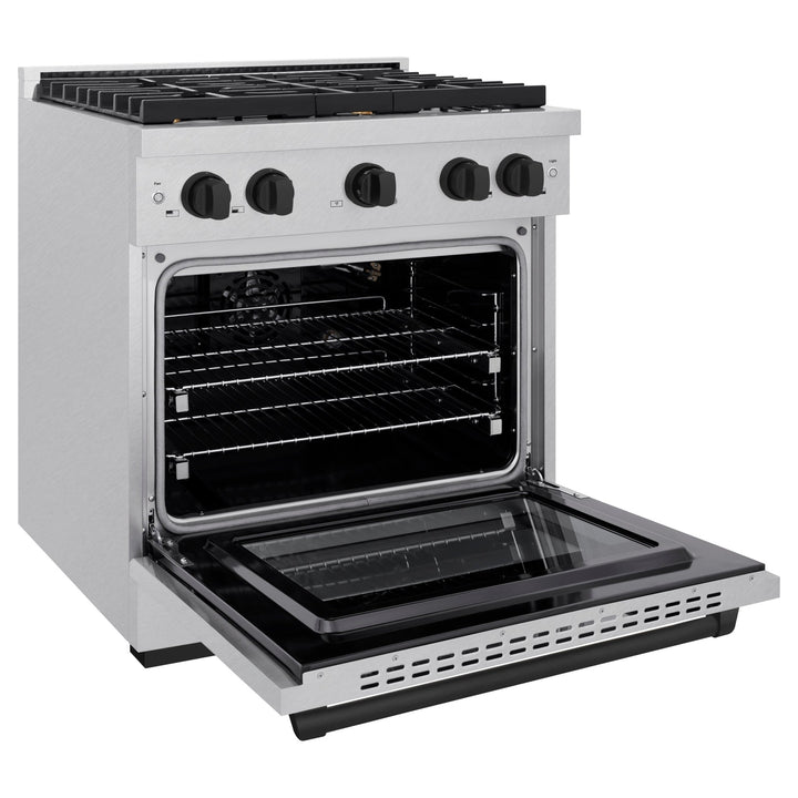 ZLINE Autograph Edition 30 in. 4.2 cu. ft. Paramount Gas Range with 4 Burner Cooktop and Convection Gas Oven in Satin Stainless Steel and Matte Black Accents (SGRSZ-30-MB)