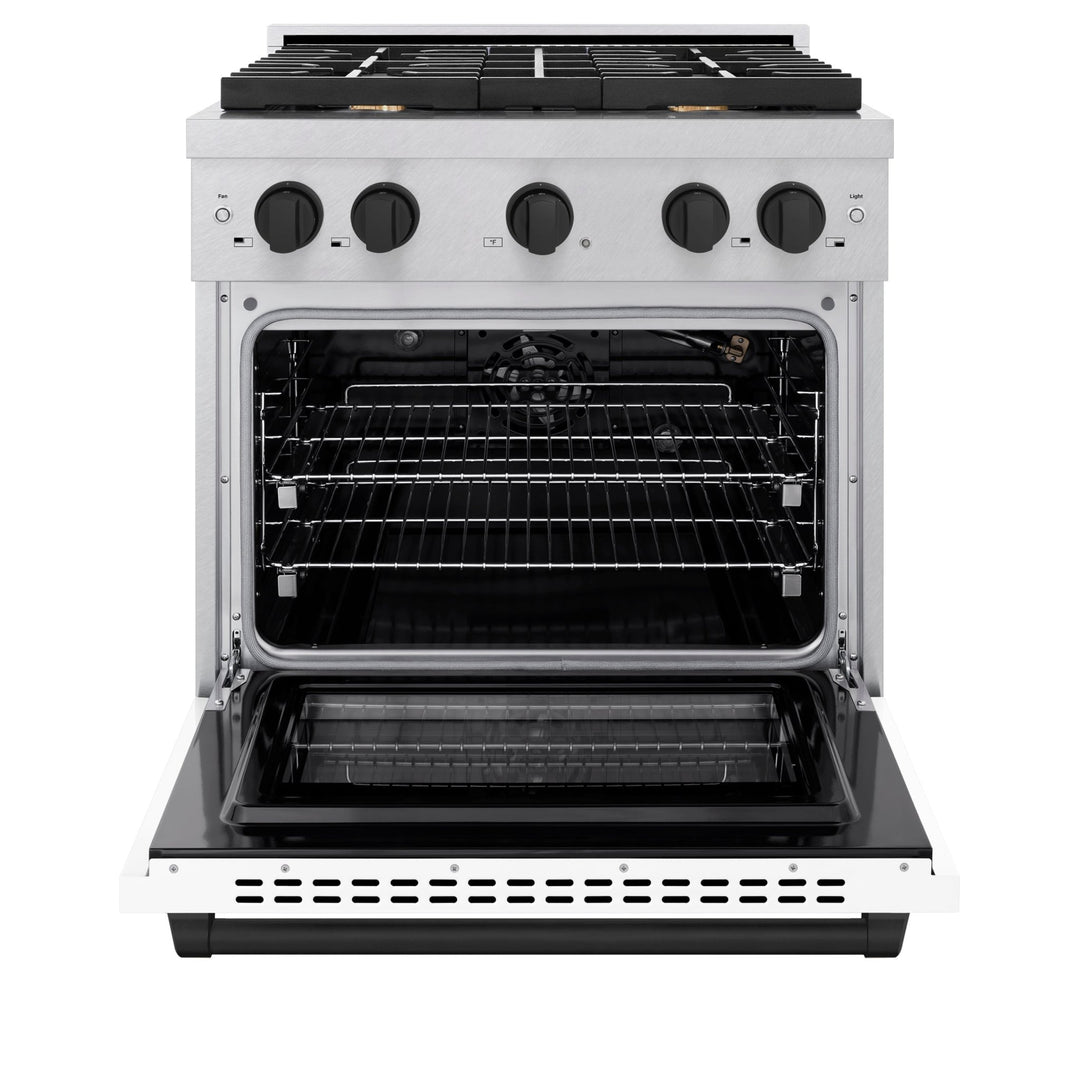ZLINE Autograph Edition 30 in. 4.2 cu. ft. Paramount Gas Range with 4 Burner Cooktop and Convection Gas Oven in Satin Stainless Steel with White Matte Door and Matte Black Accents (SGRSZ-WM-30-MB)