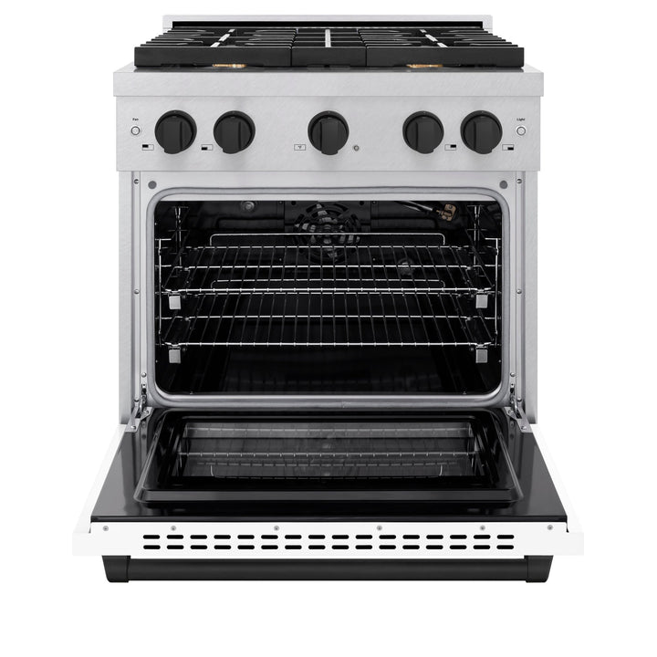 ZLINE Autograph Edition 30 in. 4.2 cu. ft. Paramount Gas Range with 4 Burner Cooktop and Convection Gas Oven in Satin Stainless Steel with White Matte Door and Matte Black Accents (SGRSZ-WM-30-MB)