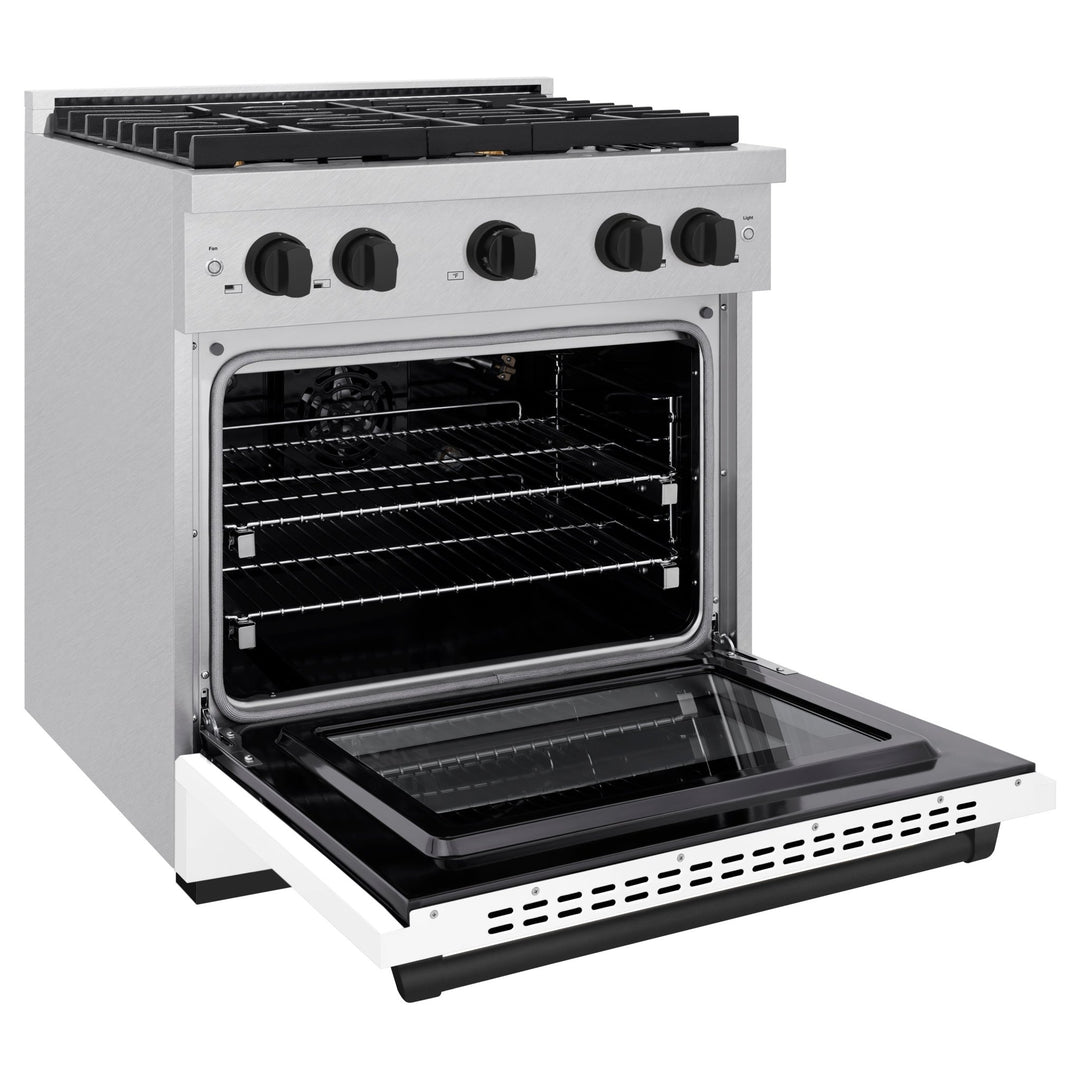 ZLINE Autograph Edition 30 in. 4.2 cu. ft. Paramount Gas Range with 4 Burner Cooktop and Convection Gas Oven in Satin Stainless Steel with White Matte Door and Matte Black Accents (SGRSZ-WM-30-MB)