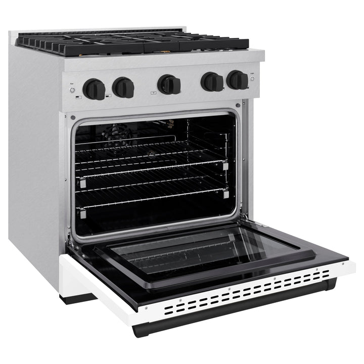 ZLINE Autograph Edition 30 in. 4.2 cu. ft. Paramount Gas Range with 4 Burner Cooktop and Convection Gas Oven in Satin Stainless Steel with White Matte Door and Matte Black Accents (SGRSZ-WM-30-MB)
