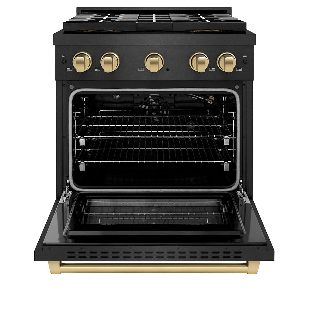 ZLINE Autograph Edition 30 in. 4.2 cu. ft. Paramount Gas Range with 4 Burner DuoProâ„¢ Cooktop and Convection Gas Oven in Black Satin Stainless Steel and Champagne Bronze Accents (PSGRBSZ-30-CB)