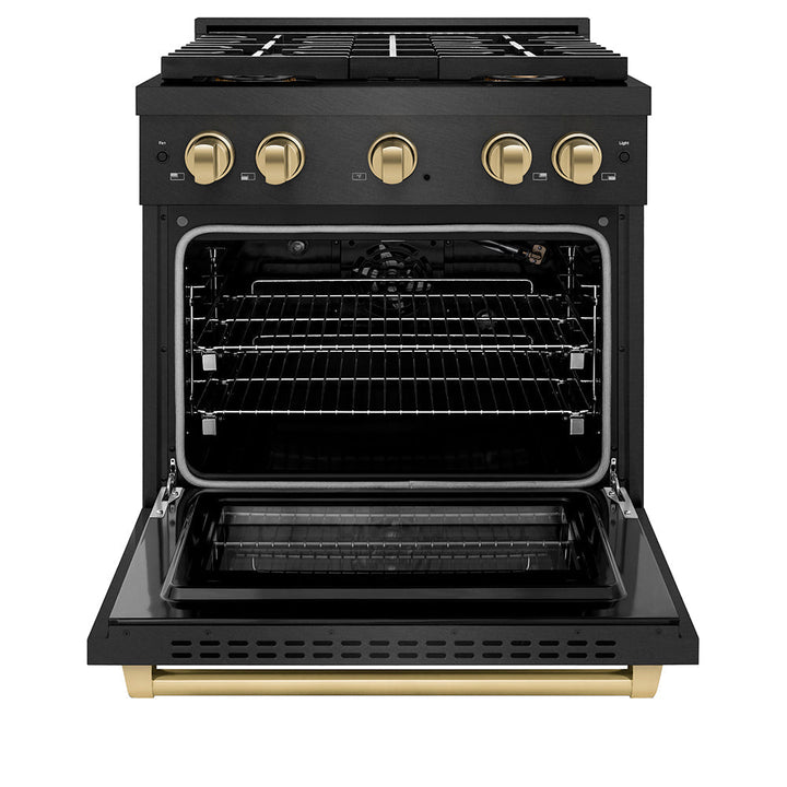 ZLINE Autograph Edition 30 in. 4.2 cu. ft. Paramount Gas Range with 4 Burner DuoProâ„¢ Cooktop and Convection Gas Oven in Black Satin Stainless Steel and Champagne Bronze Accents (PSGRBSZ-30-CB)
