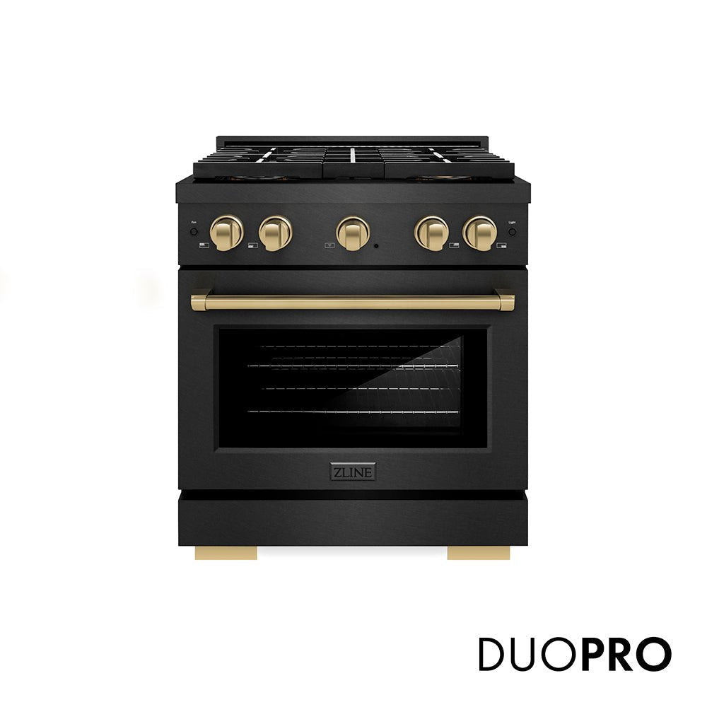 ZLINE Autograph Edition 30 in. 4.2 cu. ft. Paramount Gas Range with 4 Burner DuoProâ„¢ Cooktop and Convection Gas Oven in Black Satin Stainless Steel and Champagne Bronze Accents (PSGRBSZ-30-CB)