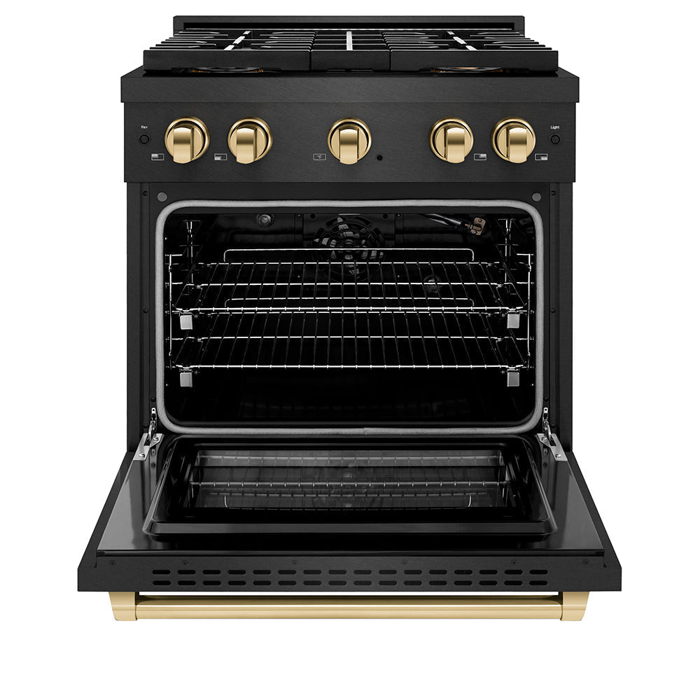 ZLINE Autograph Edition 30 in. 4.2 cu. ft. Paramount Gas Range with 4 Burner DuoProâ„¢ Cooktop and Convection Gas Oven in Black Satin Stainless Steel and Polished Gold Accents (PSGRBSZ-30-G)
