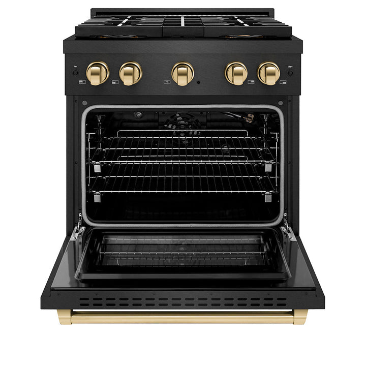ZLINE Autograph Edition 30 in. 4.2 cu. ft. Paramount Gas Range with 4 Burner DuoProâ„¢ Cooktop and Convection Gas Oven in Black Satin Stainless Steel and Polished Gold Accents (PSGRBSZ-30-G)