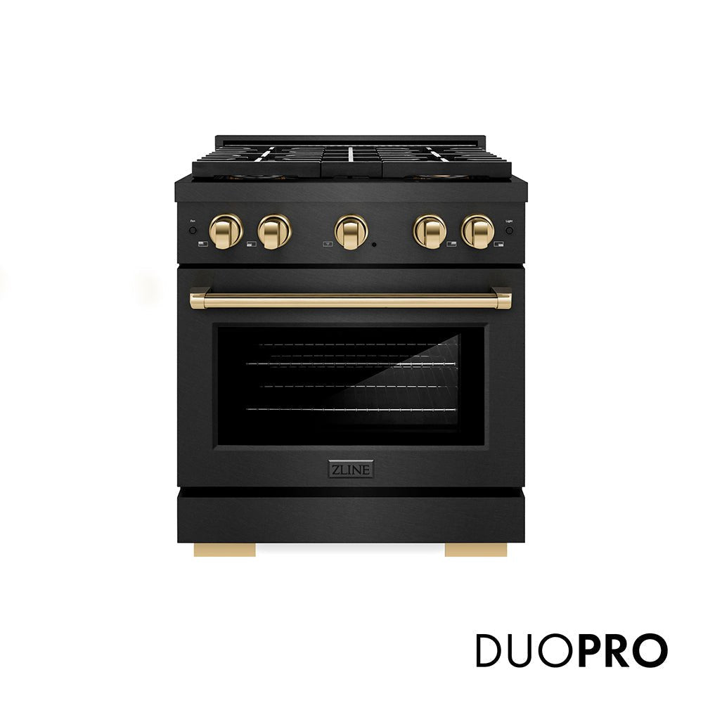 ZLINE Autograph Edition 30 in. 4.2 cu. ft. Paramount Gas Range with 4 Burner DuoProâ„¢ Cooktop and Convection Gas Oven in Black Satin Stainless Steel and Polished Gold Accents (PSGRBSZ-30-G)