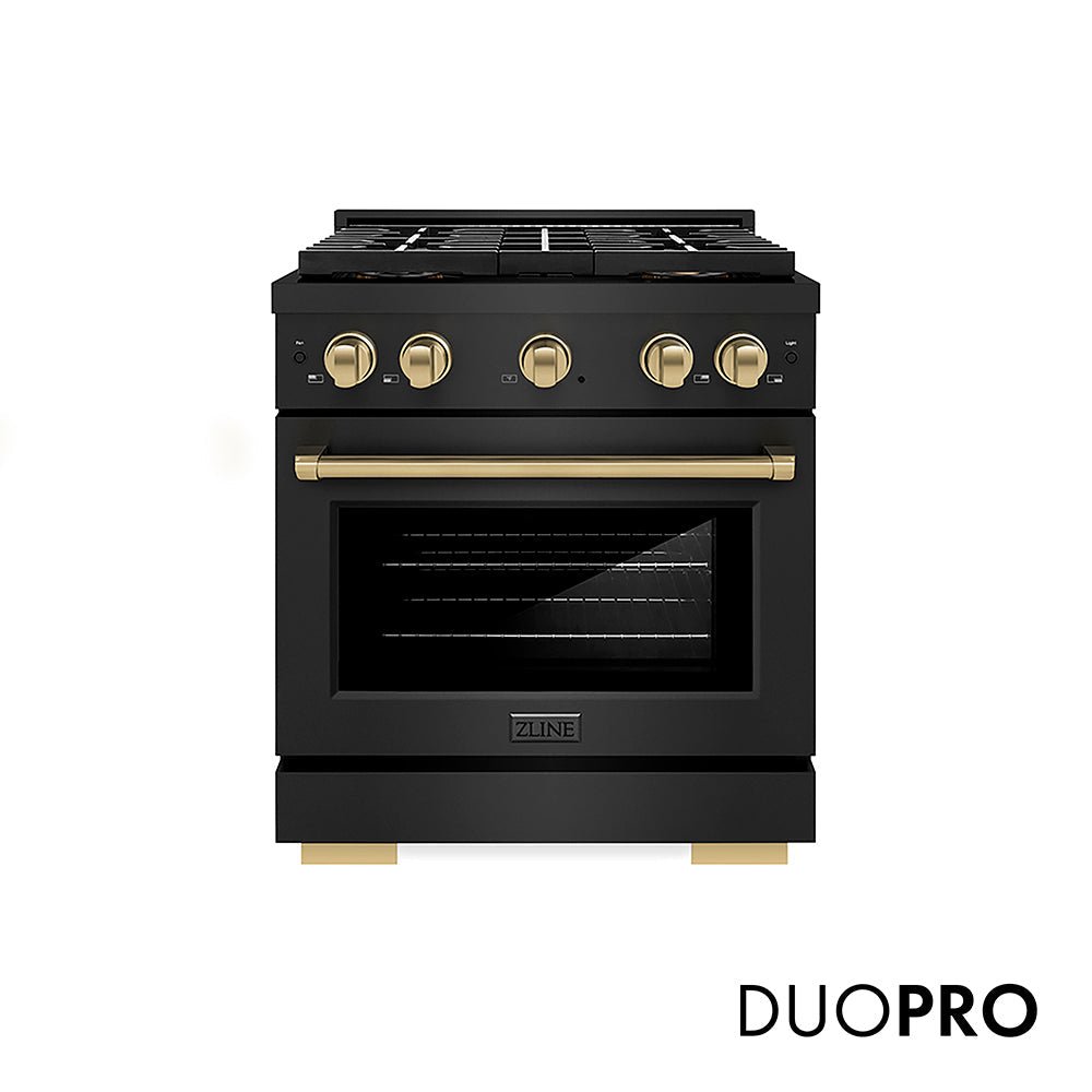 ZLINE Autograph Edition 30 in. 4.2 cu. ft. Paramount Gas Range with 4 Burner DuoProâ„¢ Cooktop and Convection Gas Oven in Black Stainless Steel and Champagne Bronze Accents (PSGRBZ-30-CB)