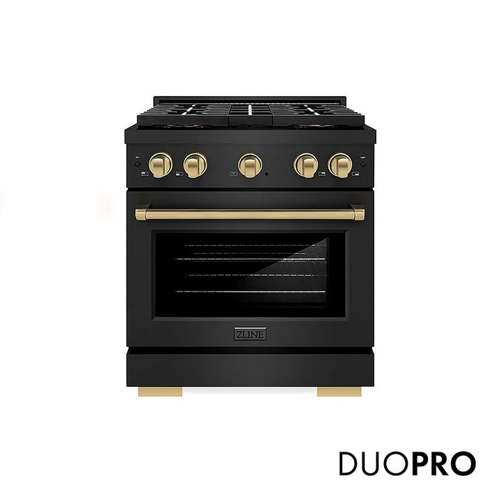ZLINE Autograph Edition 30 in. 4.2 cu. ft. Paramount Gas Range with 4 Burner DuoProâ„¢ Cooktop and Convection Gas Oven in Black Stainless Steel and Champagne Bronze Accents (PSGRBZ-30-CB)