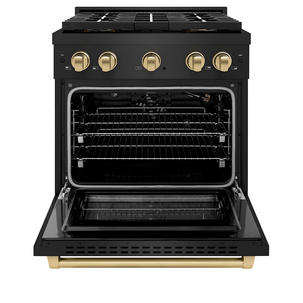 ZLINE Autograph Edition 30 in. 4.2 cu. ft. Paramount Gas Range with 4 Burner DuoProâ„¢ Cooktop and Convection Gas Oven in Black Stainless Steel and Champagne Bronze Accents (PSGRBZ-30-CB)