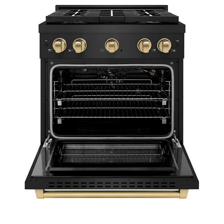 ZLINE Autograph Edition 30 in. 4.2 cu. ft. Paramount Gas Range with 4 Burner DuoProâ„¢ Cooktop and Convection Gas Oven in Black Stainless Steel and Champagne Bronze Accents (PSGRBZ-30-CB)