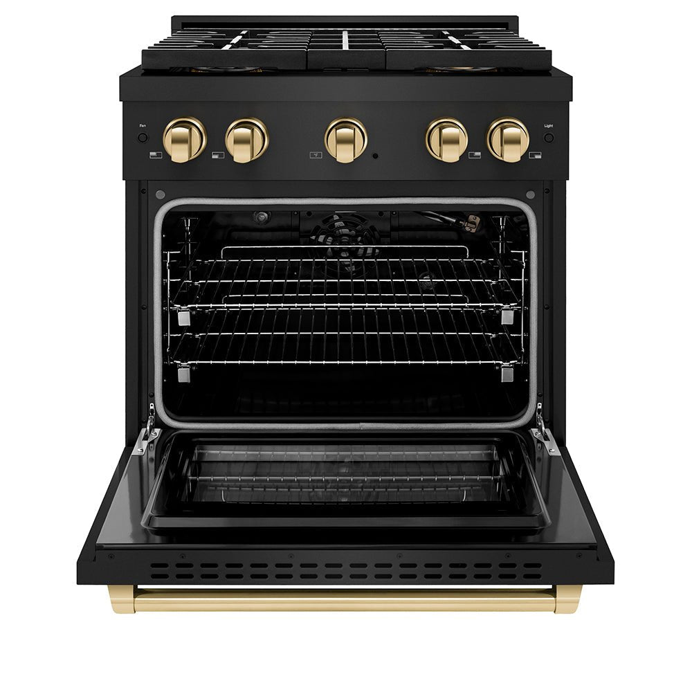 ZLINE Autograph Edition 30 in. 4.2 cu. ft. Paramount Gas Range with 4 Burner DuoProâ„¢ Cooktop and Convection Gas Oven in Black Stainless Steel and Polished Gold Accents (PSGRBZ-30-G)