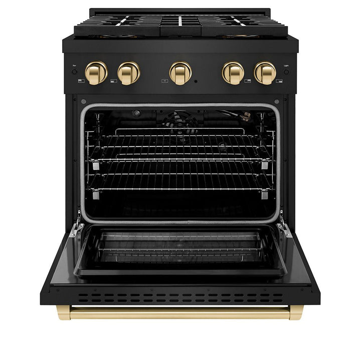 ZLINE Autograph Edition 30 in. 4.2 cu. ft. Paramount Gas Range with 4 Burner DuoProâ„¢ Cooktop and Convection Gas Oven in Black Stainless Steel and Polished Gold Accents (PSGRBZ-30-G)