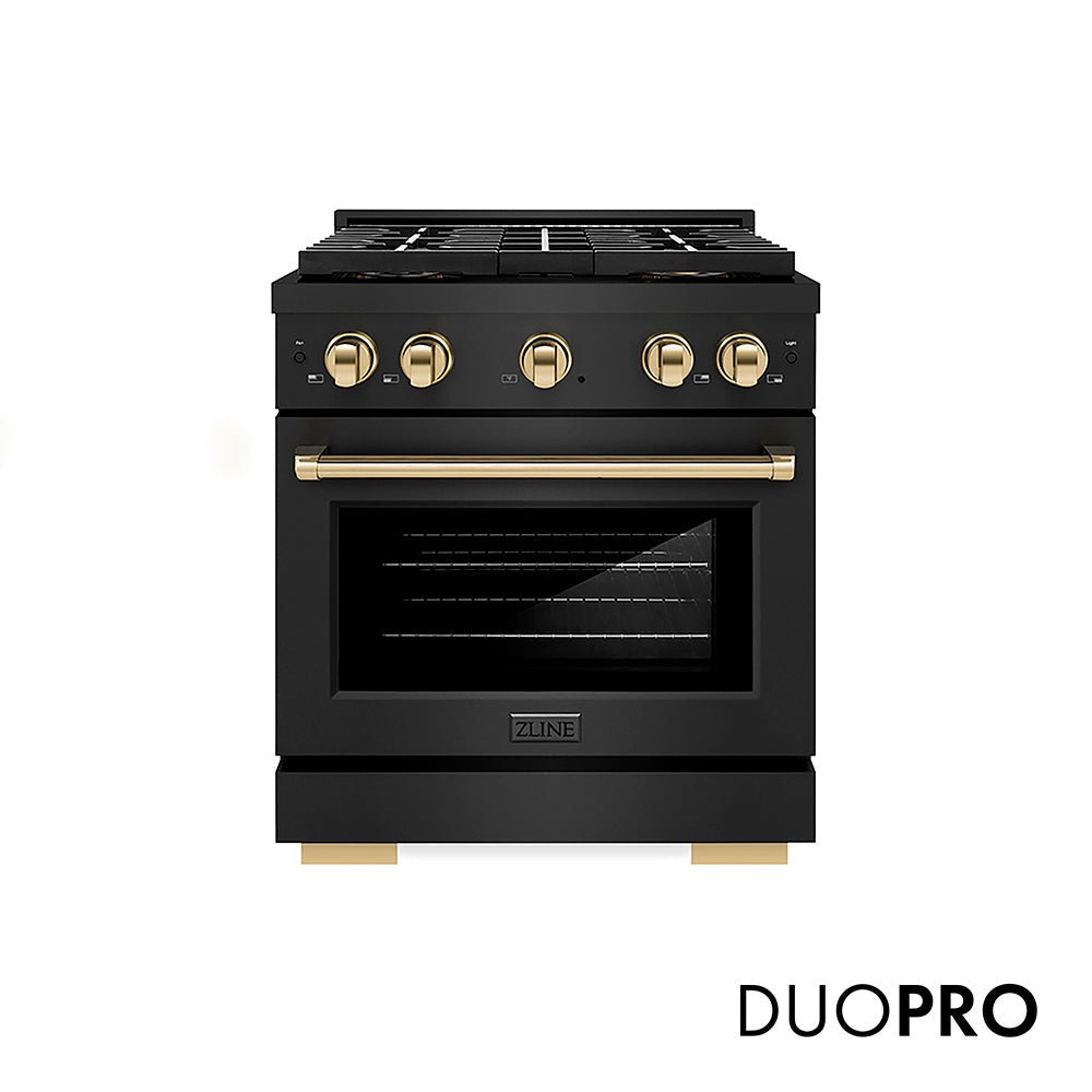 ZLINE Autograph Edition 30 in. 4.2 cu. ft. Paramount Gas Range with 4 Burner DuoProâ„¢ Cooktop and Convection Gas Oven in Black Stainless Steel and Polished Gold Accents (PSGRBZ-30-G)