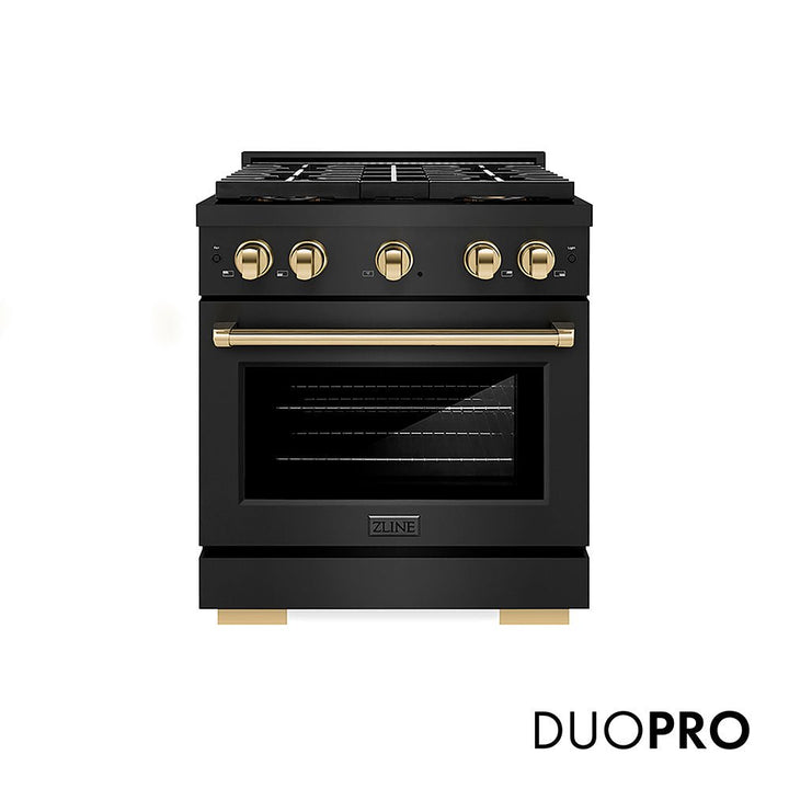 ZLINE Autograph Edition 30 in. 4.2 cu. ft. Paramount Gas Range with 4 Burner DuoProâ„¢ Cooktop and Convection Gas Oven in Black Stainless Steel and Polished Gold Accents (PSGRBZ-30-G)