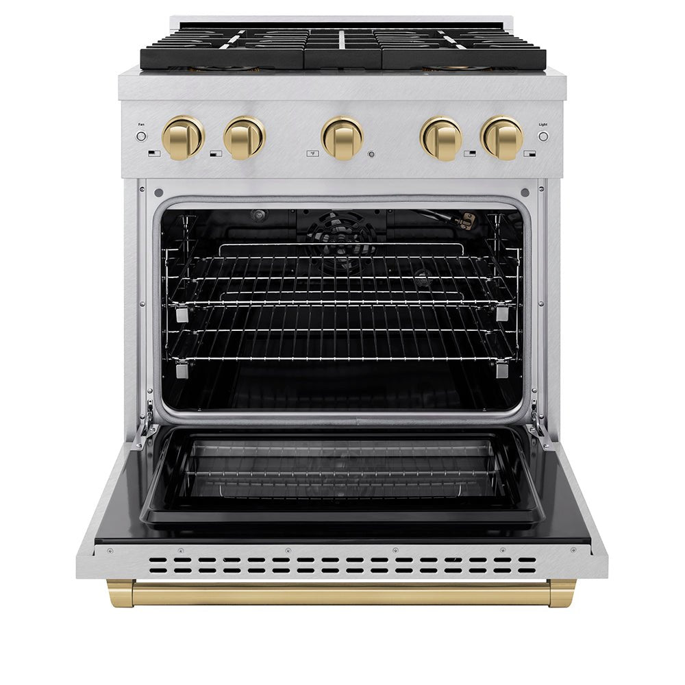 ZLINE Autograph Edition 30 in. 4.2 cu. ft. Paramount Gas Range with 4 Burner DuoProâ„¢ Cooktop and Convection Gas Oven in Satin Stainless Steel and Champagne Bronze Accents (PSGRSZ-30-CB)