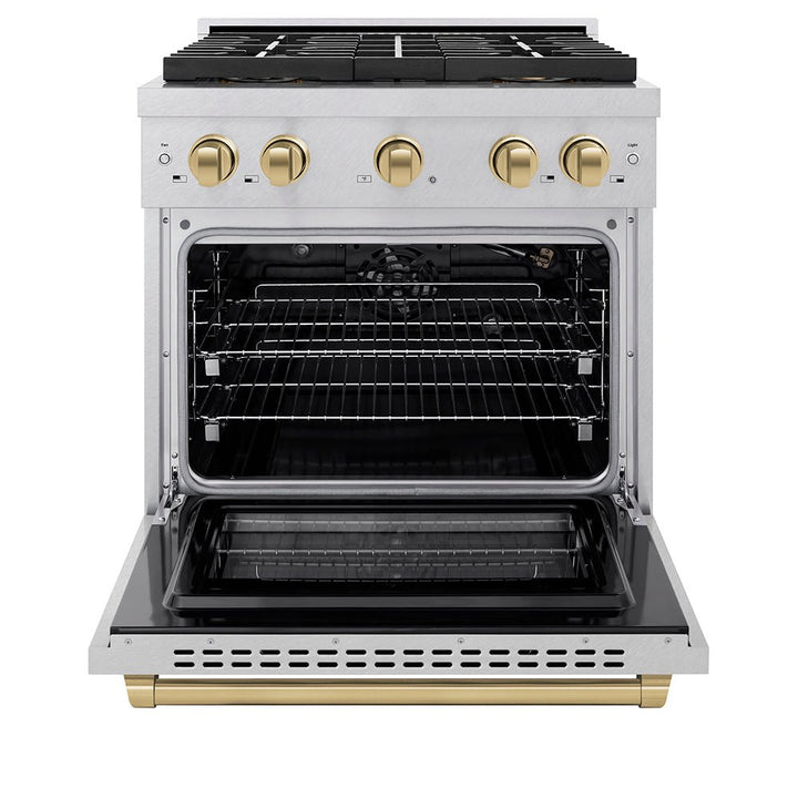ZLINE Autograph Edition 30 in. 4.2 cu. ft. Paramount Gas Range with 4 Burner DuoProâ„¢ Cooktop and Convection Gas Oven in Satin Stainless Steel and Champagne Bronze Accents (PSGRSZ-30-CB)