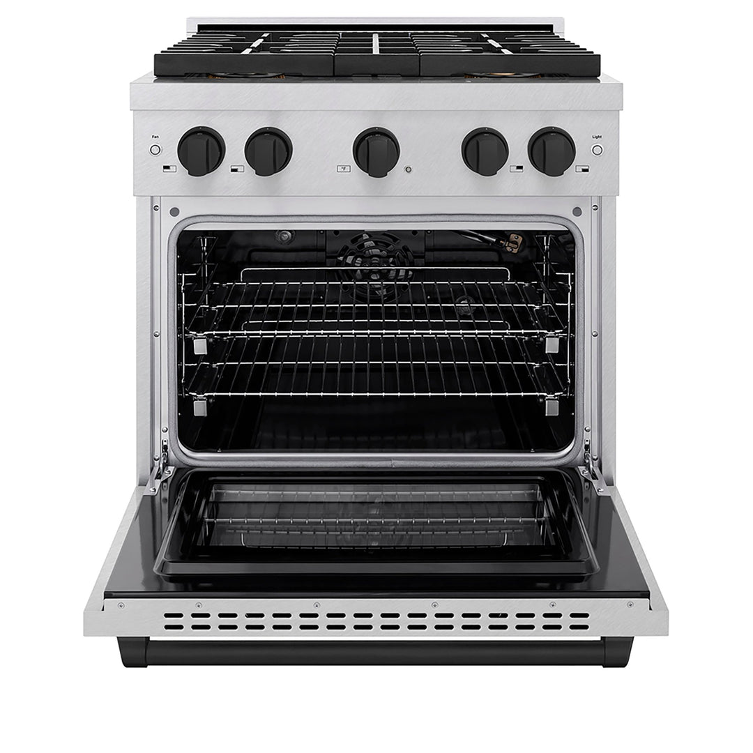 ZLINE Autograph Edition 30 in. 4.2 cu. ft. Paramount Gas Range with 4 Burner DuoProâ„¢ Cooktop and Convection Gas Oven in Satin Stainless Steel and Matte Black Accents (PSGRSZ-30-MB)
