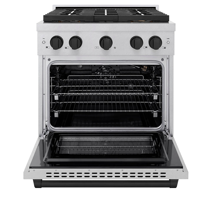ZLINE Autograph Edition 30 in. 4.2 cu. ft. Paramount Gas Range with 4 Burner DuoProâ„¢ Cooktop and Convection Gas Oven in Satin Stainless Steel and Matte Black Accents (PSGRSZ-30-MB)