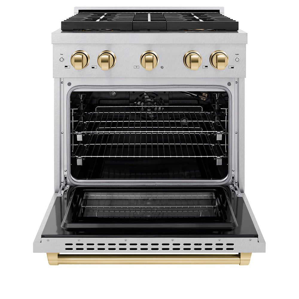 ZLINE Autograph Edition 30 in. 4.2 cu. ft. Paramount Gas Range with 4 Burner DuoProâ„¢ Cooktop and Convection Gas Oven in Satin Stainless Steel and Polished Gold Accents (PSGRSZ-30-G)