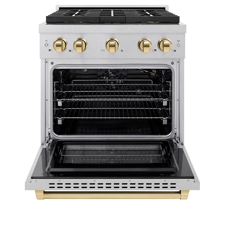 ZLINE Autograph Edition 30 in. 4.2 cu. ft. Paramount Gas Range with 4 Burner DuoProâ„¢ Cooktop and Convection Gas Oven in Satin Stainless Steel and Polished Gold Accents (PSGRSZ-30-G)