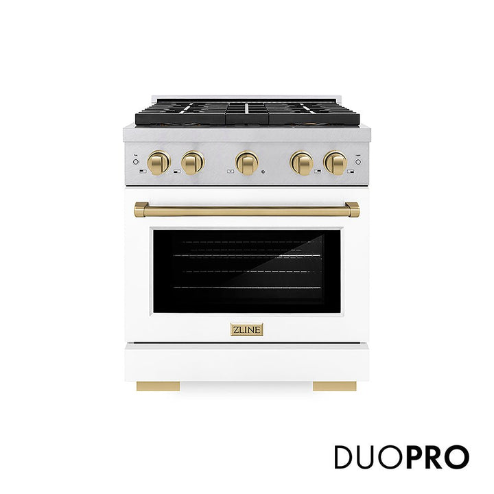 ZLINE Autograph Edition 30 in. 4.2 cu. ft. Paramount Gas Range with 4 Burner DuoProâ„¢ Cooktop and Convection Gas Oven in Satin Stainless Steel with White Matte Door and Champagne Bronze Accents (PSGRSZ-WM-30-CB)