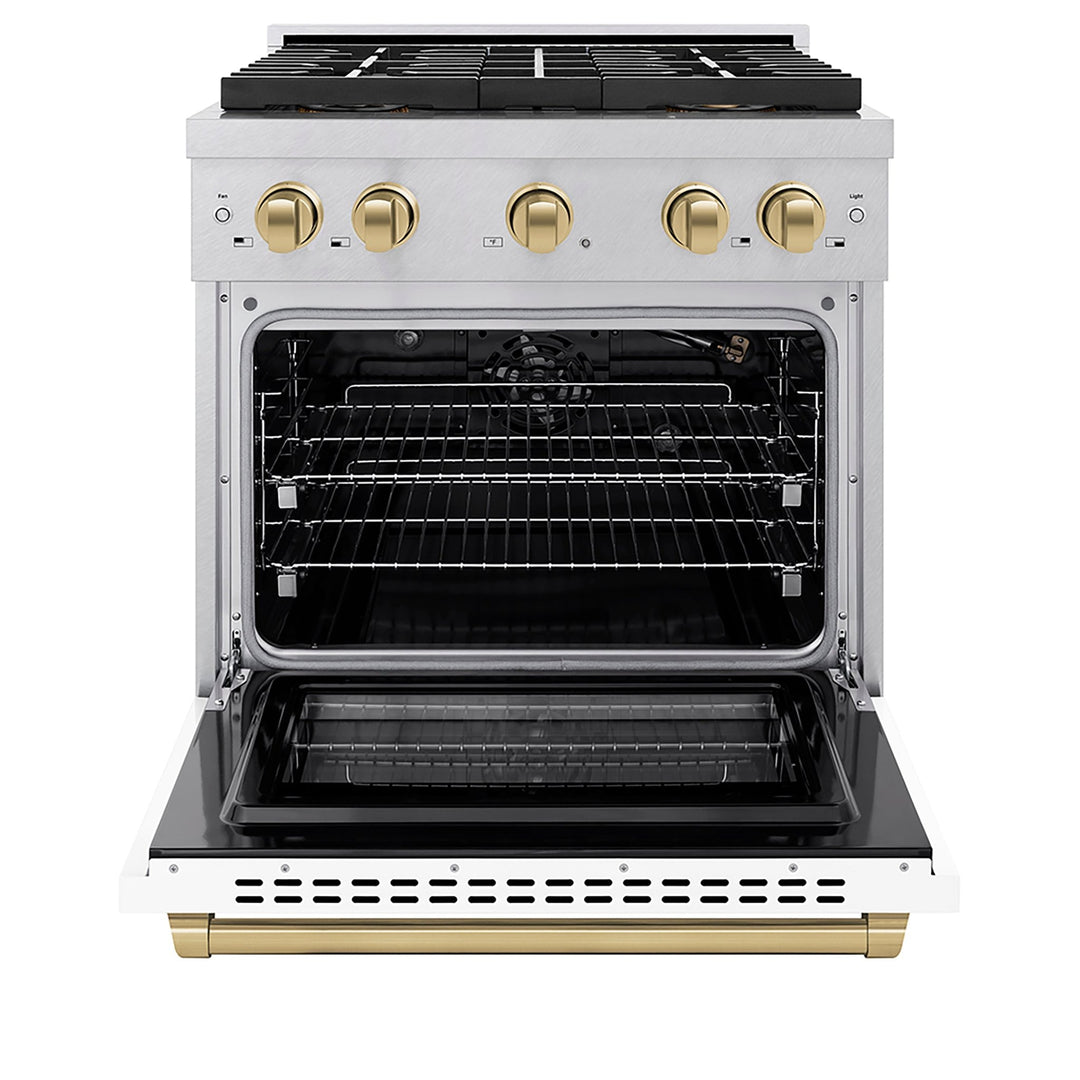 ZLINE Autograph Edition 30 in. 4.2 cu. ft. Paramount Gas Range with 4 Burner DuoProâ„¢ Cooktop and Convection Gas Oven in Satin Stainless Steel with White Matte Door and Champagne Bronze Accents (PSGRSZ-WM-30-CB)