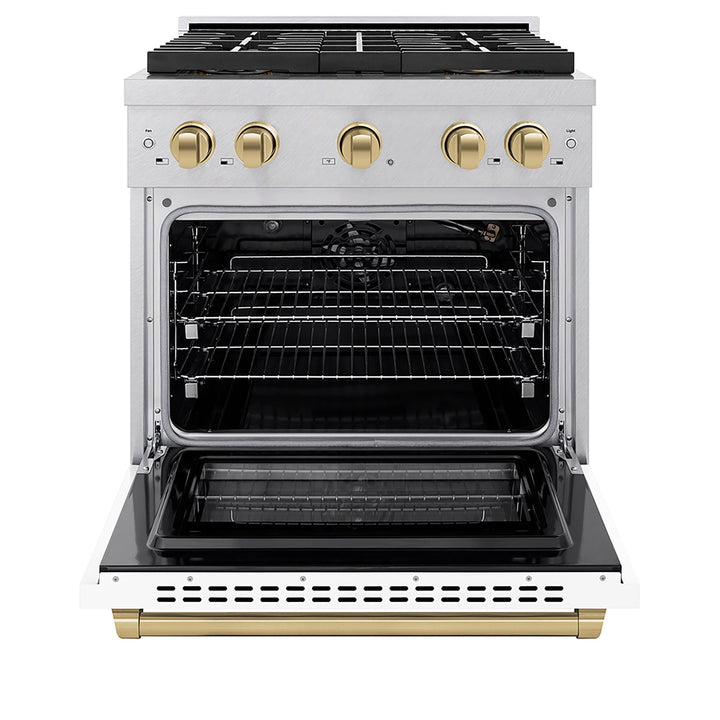 ZLINE Autograph Edition 30 in. 4.2 cu. ft. Paramount Gas Range with 4 Burner DuoProâ„¢ Cooktop and Convection Gas Oven in Satin Stainless Steel with White Matte Door and Champagne Bronze Accents (PSGRSZ-WM-30-CB)