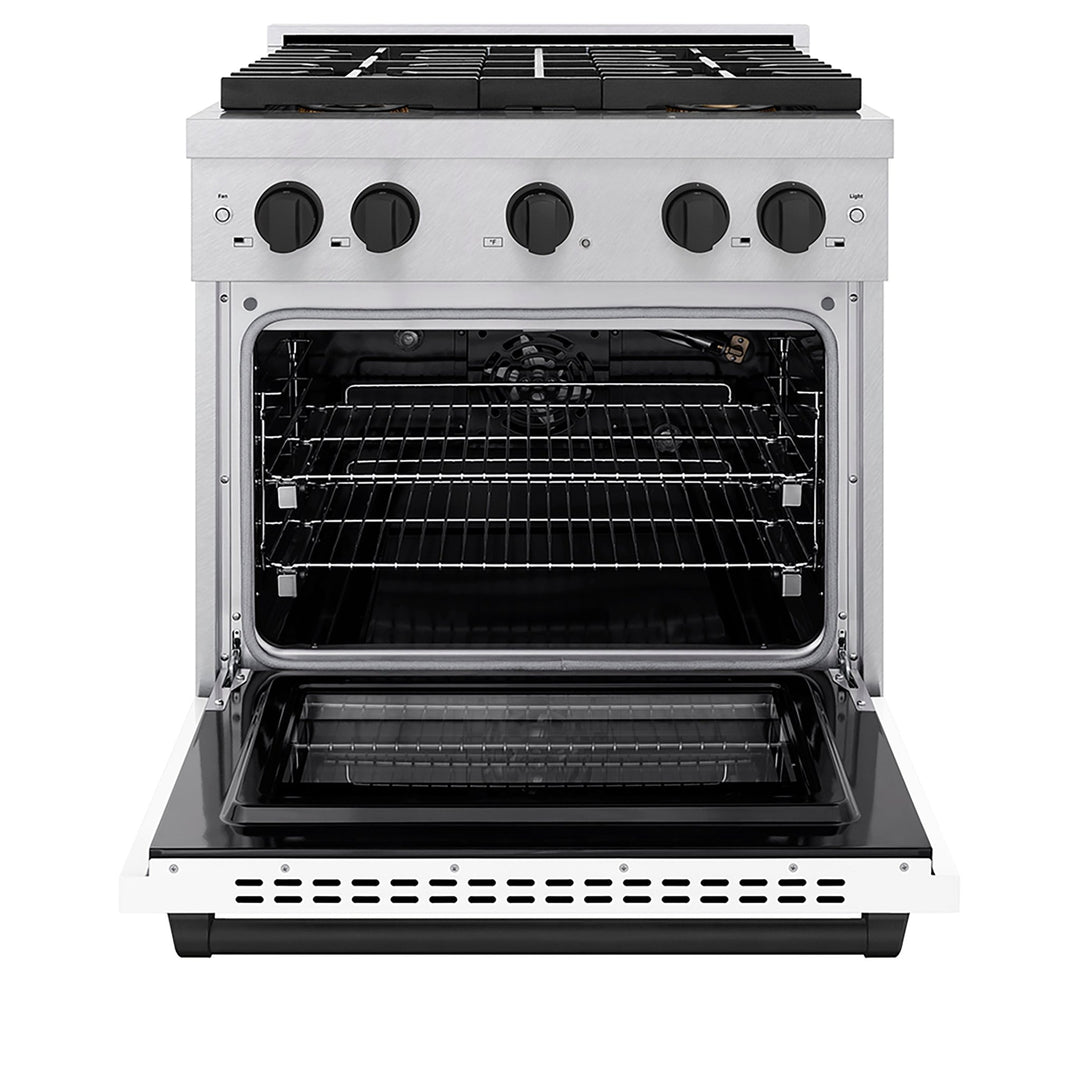 ZLINE Autograph Edition 30 in. 4.2 cu. ft. Paramount Gas Range with 4 Burner DuoProâ„¢ Cooktop and Convection Gas Oven in Satin Stainless Steel with White Matte Door and Matte Black Accents (PSGRSZ-WM-30-MB)