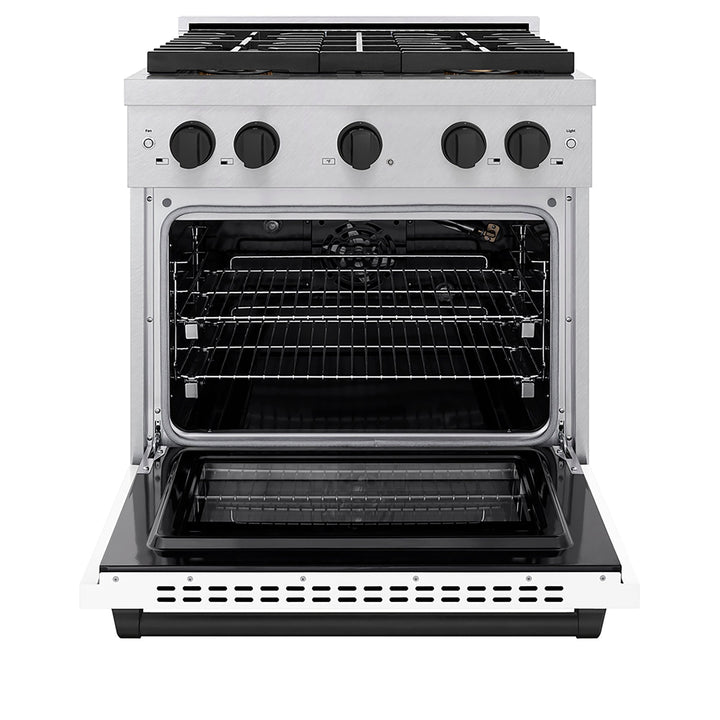 ZLINE Autograph Edition 30 in. 4.2 cu. ft. Paramount Gas Range with 4 Burner DuoProâ„¢ Cooktop and Convection Gas Oven in Satin Stainless Steel with White Matte Door and Matte Black Accents (PSGRSZ-WM-30-MB)