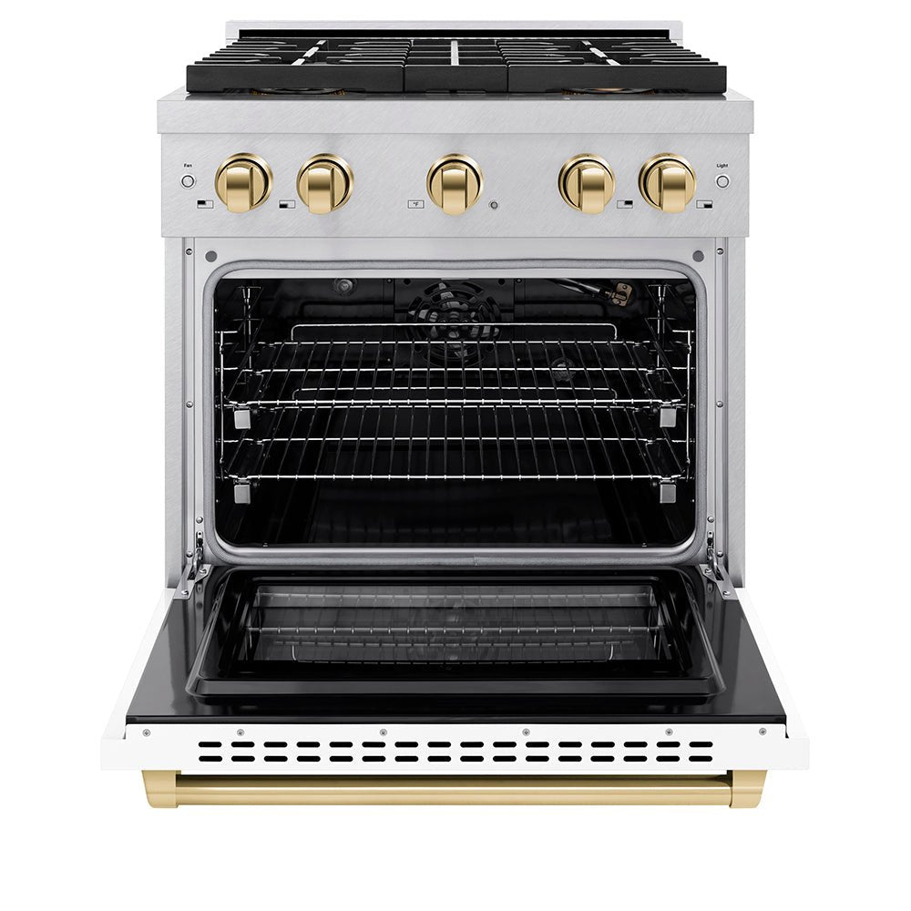 ZLINE Autograph Edition 30 in. 4.2 cu. ft. Paramount Gas Range with 4 Burner DuoProâ„¢ Cooktop and Convection Gas Oven in Satin Stainless Steel with White Matte Door and Polished Gold Accents (PSGRSZ-WM-30-G)