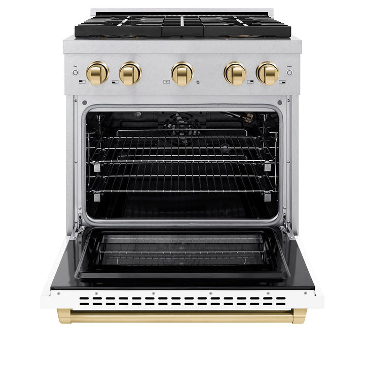 ZLINE Autograph Edition 30 in. 4.2 cu. ft. Paramount Gas Range with 4 Burner DuoProâ„¢ Cooktop and Convection Gas Oven in Satin Stainless Steel with White Matte Door and Polished Gold Accents (PSGRSZ-WM-30-G)