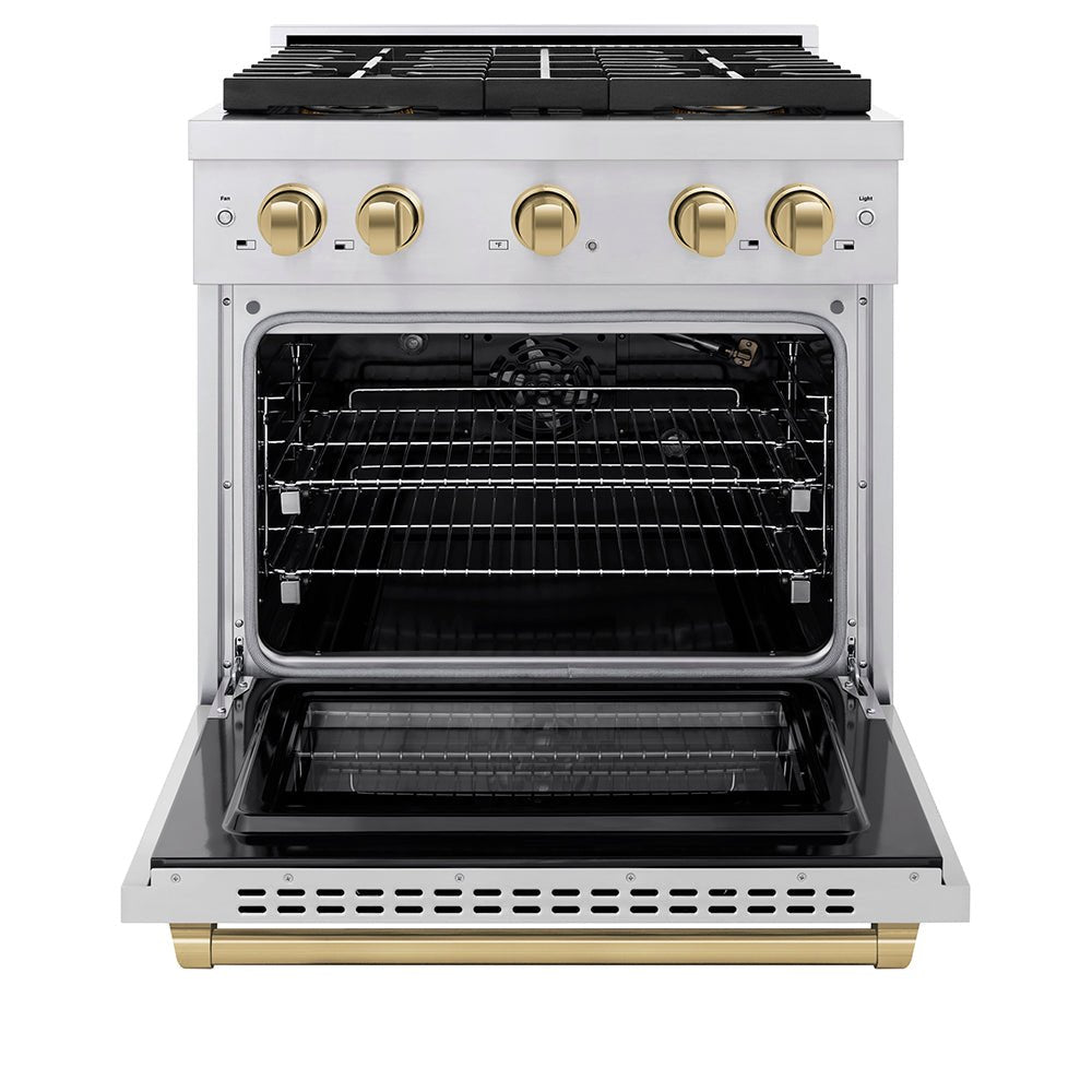 ZLINE Autograph Edition 30 in. 4.2 cu. ft. Paramount Gas Range with 4 Burner DuoProâ„¢ Cooktop and Convection Gas Oven in Stainless Steel with Champagne Bronze Accents (PSGRZ-30-CB)
