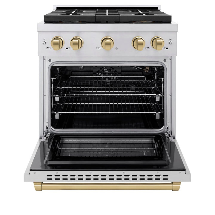 ZLINE Autograph Edition 30 in. 4.2 cu. ft. Paramount Gas Range with 4 Burner DuoProâ„¢ Cooktop and Convection Gas Oven in Stainless Steel with Champagne Bronze Accents (PSGRZ-30-CB)