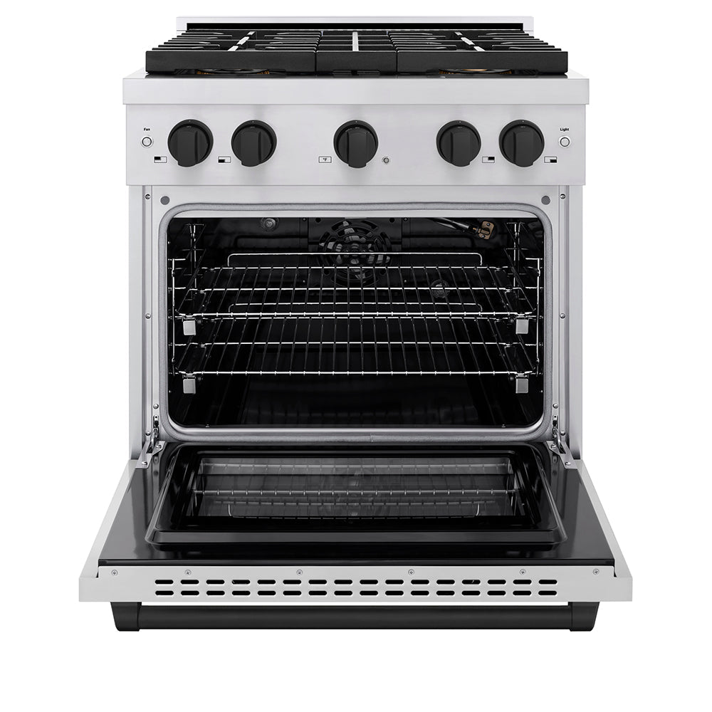 ZLINE Autograph Edition 30 in. 4.2 cu. ft. Paramount Gas Range with 4 Burner DuoProâ„¢ Cooktop and Convection Gas Oven in Stainless Steel with Matte Black Accents (PSGRZ-30-MB)