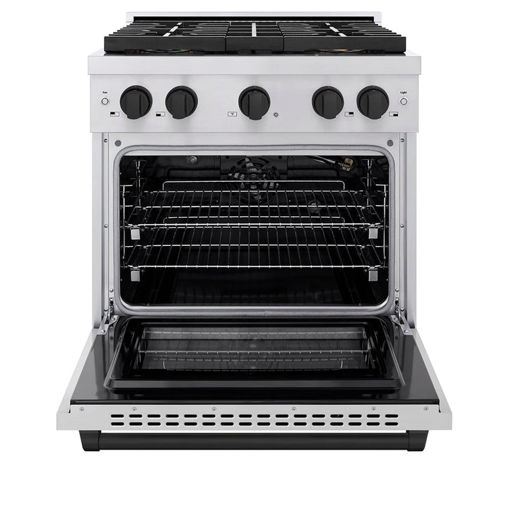 ZLINE Autograph Edition 30 in. 4.2 cu. ft. Paramount Gas Range with 4 Burner DuoProâ„¢ Cooktop and Convection Gas Oven in Stainless Steel with Matte Black Accents (PSGRZ-30-MB)