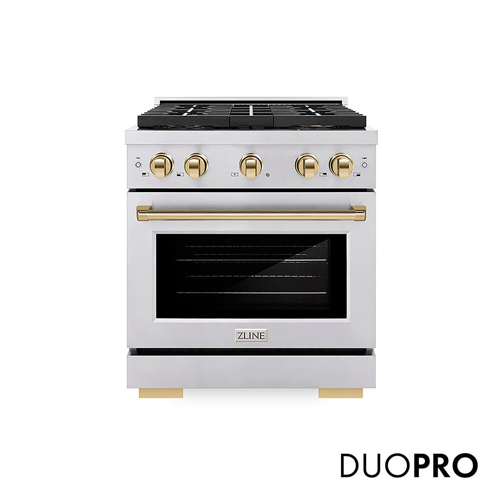 ZLINE Autograph Edition 30 in. 4.2 cu. ft. Paramount Gas Range with 4 Burner DuoProâ„¢ Cooktop and Convection Gas Oven in Stainless Steel with Polished Gold Accents (PSGRZ-30-G)