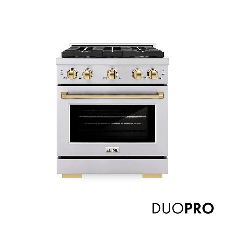 ZLINE Autograph Edition 30 in. 4.2 cu. ft. Paramount Gas Range with 4 Burner DuoProâ„¢ Cooktop and Convection Gas Oven in Stainless Steel with Polished Gold Accents (PSGRZ-30-G)