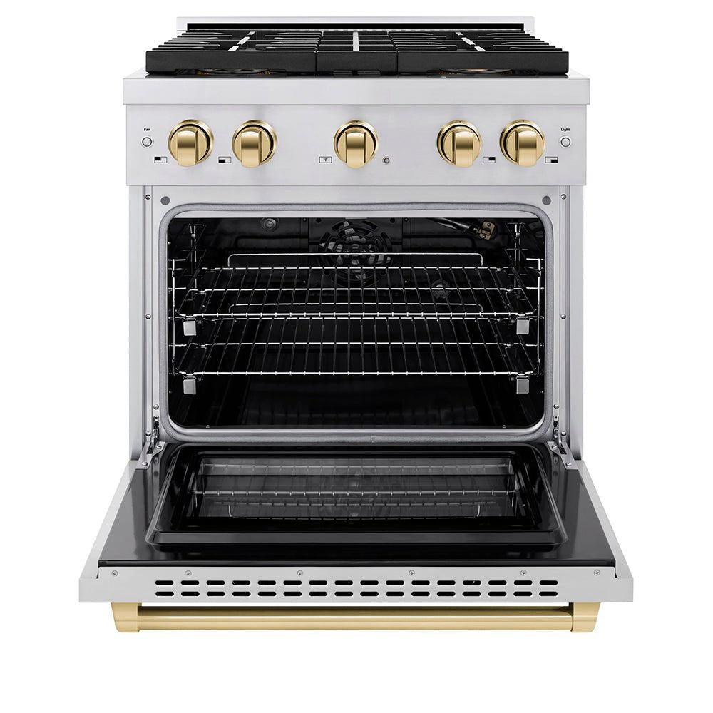 ZLINE Autograph Edition 30 in. 4.2 cu. ft. Paramount Gas Range with 4 Burner DuoProâ„¢ Cooktop and Convection Gas Oven in Stainless Steel with Polished Gold Accents (PSGRZ-30-G)