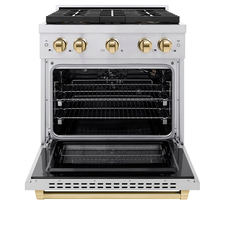 ZLINE Autograph Edition 30 in. 4.2 cu. ft. Paramount Gas Range with 4 Burner DuoProâ„¢ Cooktop and Convection Gas Oven in Stainless Steel with Polished Gold Accents (PSGRZ-30-G)