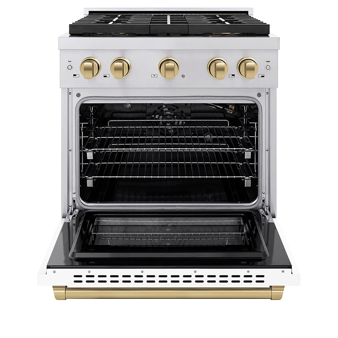 ZLINE Autograph Edition 30 in. 4.2 cu. ft. Paramount Gas Range with 4 Burner DuoProâ„¢ Cooktop and Convection Gas Oven in Stainless Steel with White Matte Door and Champagne Bronze Accents (PSGRZ-WM-30-CB)