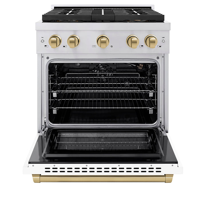 ZLINE Autograph Edition 30 in. 4.2 cu. ft. Paramount Gas Range with 4 Burner DuoProâ„¢ Cooktop and Convection Gas Oven in Stainless Steel with White Matte Door and Champagne Bronze Accents (PSGRZ-WM-30-CB)