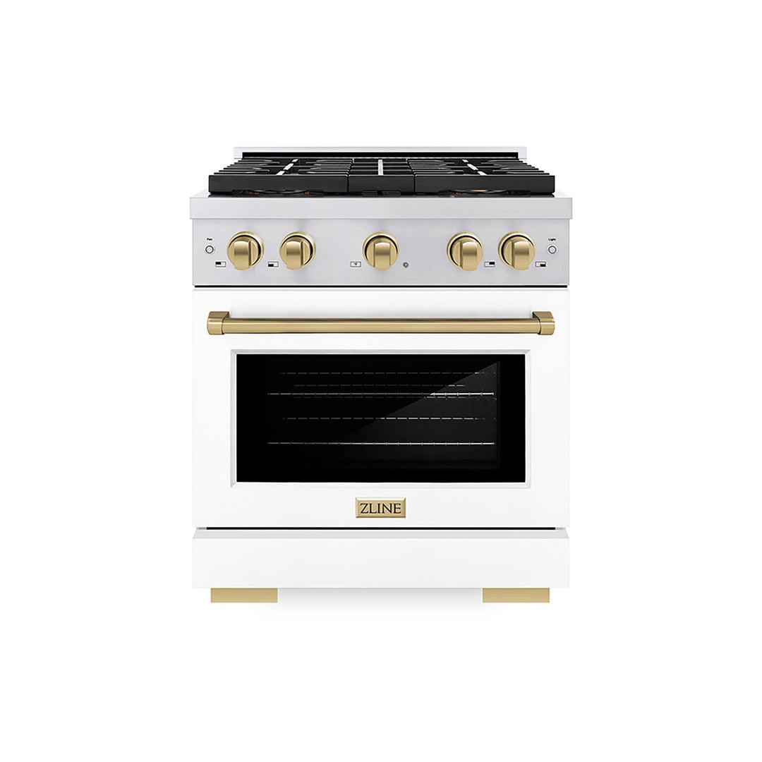 ZLINE Autograph Edition 30 in. 4.2 cu. ft. Paramount Gas Range with 4 Burner DuoProâ„¢ Cooktop and Convection Gas Oven in Stainless Steel with White Matte Door and Champagne Bronze Accents (PSGRZ-WM-30-CB)