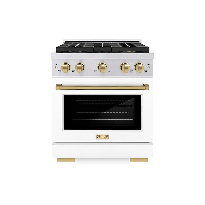 ZLINE Autograph Edition 30 in. 4.2 cu. ft. Paramount Gas Range with 4 Burner DuoProâ„¢ Cooktop and Convection Gas Oven in Stainless Steel with White Matte Door and Champagne Bronze Accents (PSGRZ-WM-30-CB)