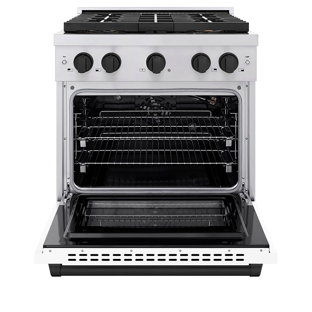 ZLINE Autograph Edition 30 in. 4.2 cu. ft. Paramount Gas Range with 4 Burner DuoProâ„¢ Cooktop and Convection Gas Oven in Stainless Steel with White Matte Door and Matte Black Accents (PSGRZ-WM-30-MB)