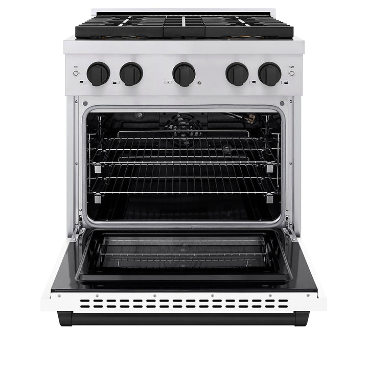 ZLINE Autograph Edition 30 in. 4.2 cu. ft. Paramount Gas Range with 4 Burner DuoProâ„¢ Cooktop and Convection Gas Oven in Stainless Steel with White Matte Door and Matte Black Accents (PSGRZ-WM-30-MB)