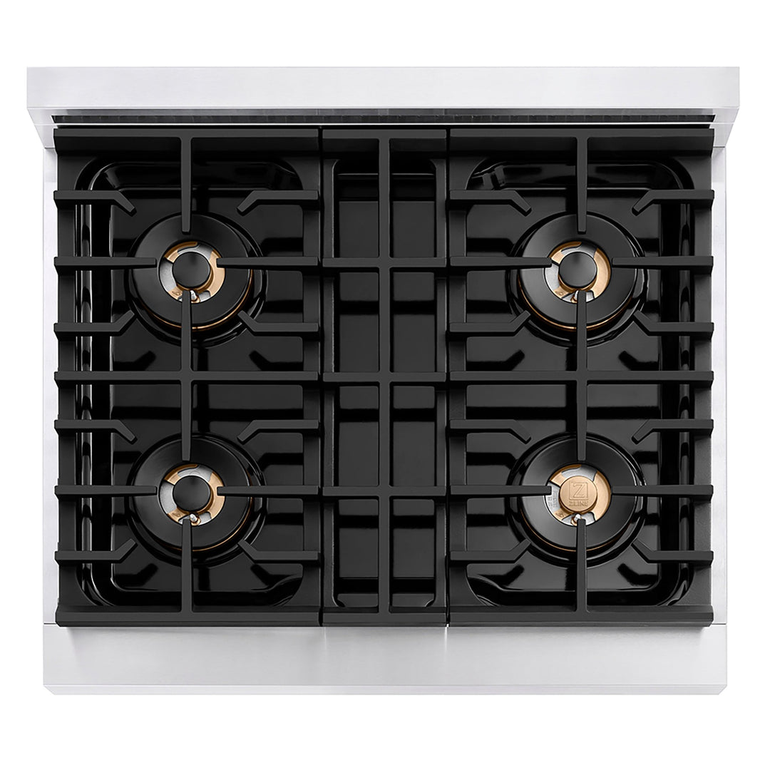ZLINE Autograph Edition 30 in. 4.2 cu. ft. Paramount Gas Range with 4 Burner DuoProâ„¢ Cooktop and Convection Gas Oven in Stainless Steel with White Matte Door and Matte Black Accents (PSGRZ-WM-30-MB)